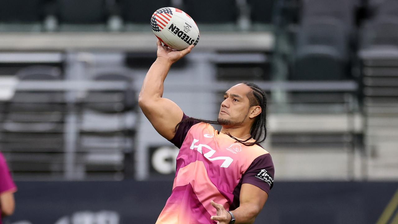 Martin Taupau of the Brisbane Broncos tosses the ball around at Allegiant Stadium. (Photo by Ezra Shaw/Getty Images)