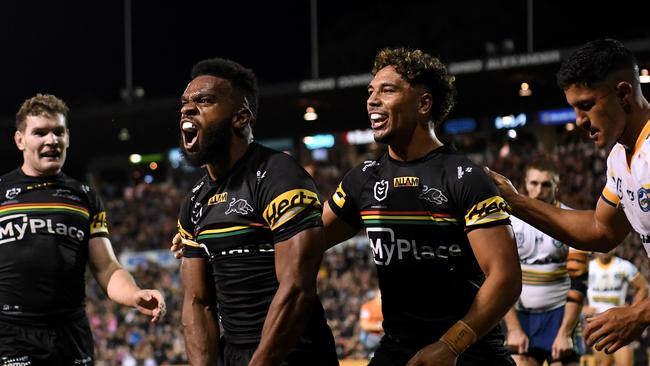 Sunia Turuva celebrates after scoring a try off an Isaah Yeo kick. Picture: NRL Imagery