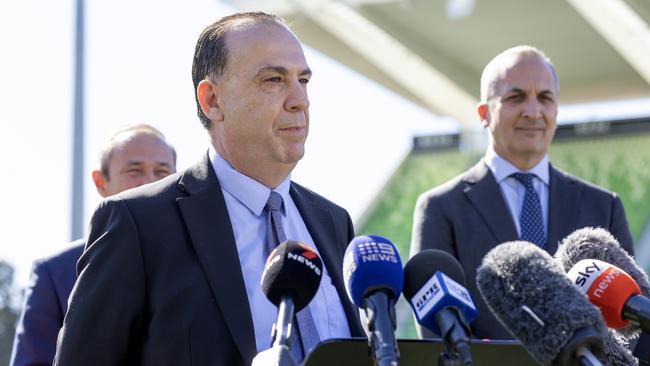 Australian Rugby League Commission Chairman Peter V’landys addresses media at the Perth Bears announcement. Picture: Getty Images