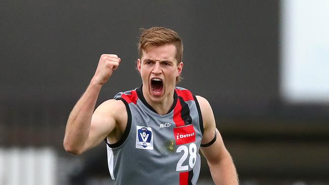 MELBOURNE, AUSTRALIA - JUNE 05: Brodie McLaughlin of Frankston celebrates kicking a goal during the round 11 VFL match between Coburg and Frankston at Piranha Park on June 05, 2022 in Melbourne, Australia. (Photo by Kelly Defina/AFL Photos/via Getty Images)