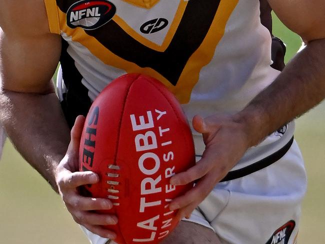 Diamond CreekÃs Robby Noble and ThomastownÃs Daniel Caruso during the  NFL football match between Diamond Creek and Thomastown in Epping, Sunday, Aug. 21, 2022. Picture: Andy Brownbill