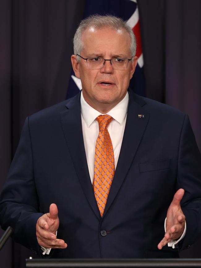 Prime Minister Scott Morrison during a late press conference at Parliament House in Canberra. Picture: NCA NewsWire/Gary Ramage