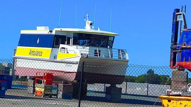 The new medicat on the hard stand at Hemmant where it was in for modifications to its hydrofoil and the way patient stretchers are secured to the floor. Picture: Contributed