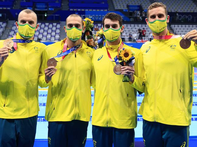 The Australian 4x200m Men's Relay team including Kyle Chalmers, Alexander Graham, Zac Incerti and Thomas Neill win Bronze at the Tokyo Aquatic Centre at the 2020 Tokyo Olympics. Pics Adam Head