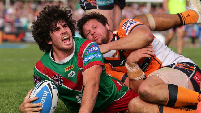 Jake Granville scores a try during the Intrust Super Cup Qualifying Final between Wynnum Manly Seagulls and Easts Tigers. Picture: Darren England.