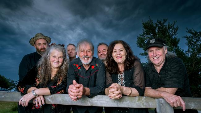 Goanna rehearsing in Drysdale. Marcus Ryan, Rose Bygrave, Ruben Shannon, Shane Howard, Richard Tankard, Marcia Howard, and Graham Davidge. Picture: Jay Town