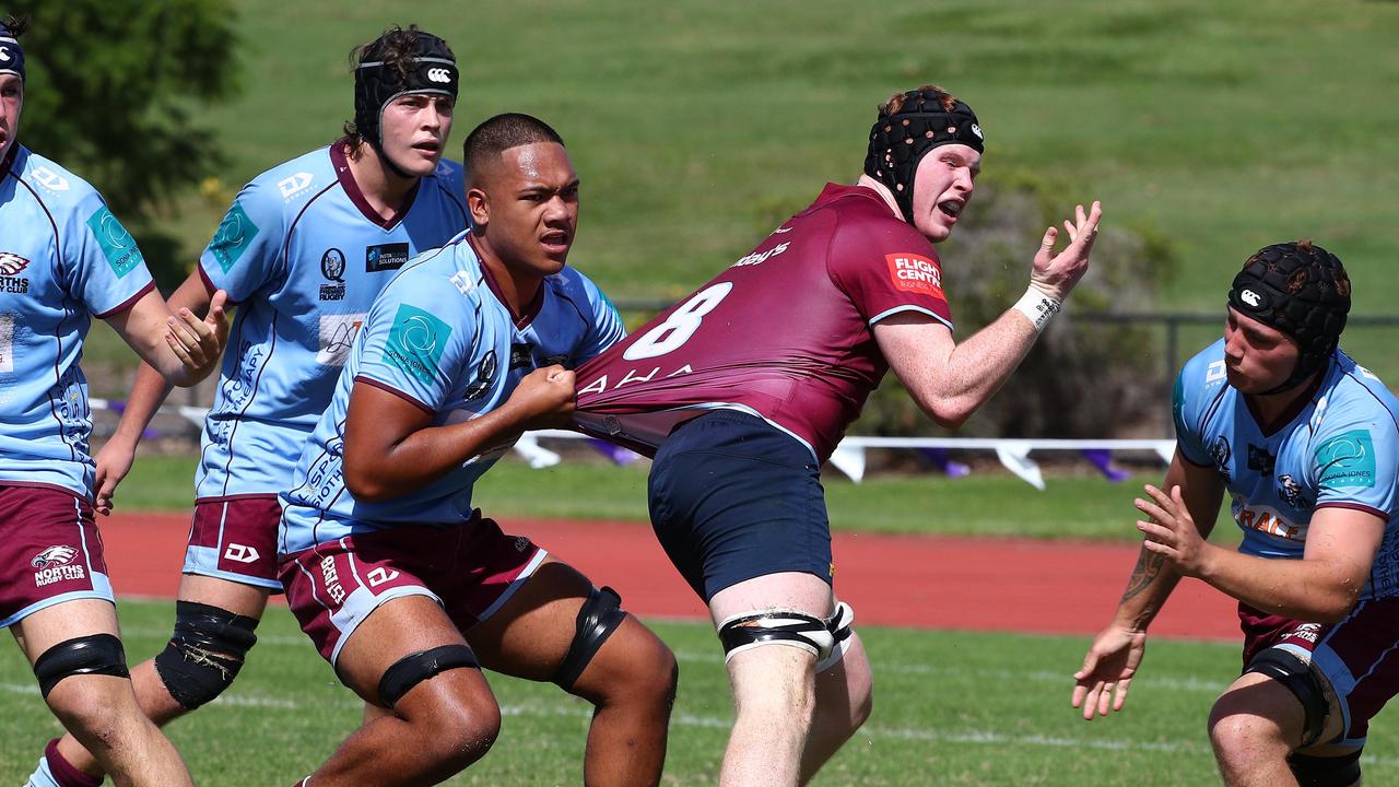 Action from the Colts 1 Club rugby union game between University of Queensland and Norths. Picture: Tertius Pickard