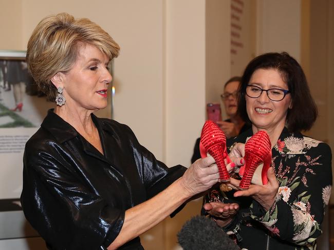 Julie Bishop donates her famous red heels to the Museum of Australian Democracy in Canberra. Ms Bishop wore the heels — which were seen as a bold statement and symbol of empowerment — while announcing her resignation as Foreign Minister. Picture: Kym Smith