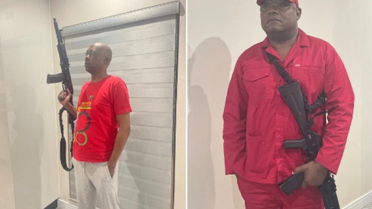 Collen Sedibe from South Africa’s Economic Freedom Fighters (EFF) posing with a rifle and the caption ‘by all means necessary’ ahead of the EFF’s ‘national shutdown’ protest on March 20, 2023. Picture: @collensedibe/Twitter