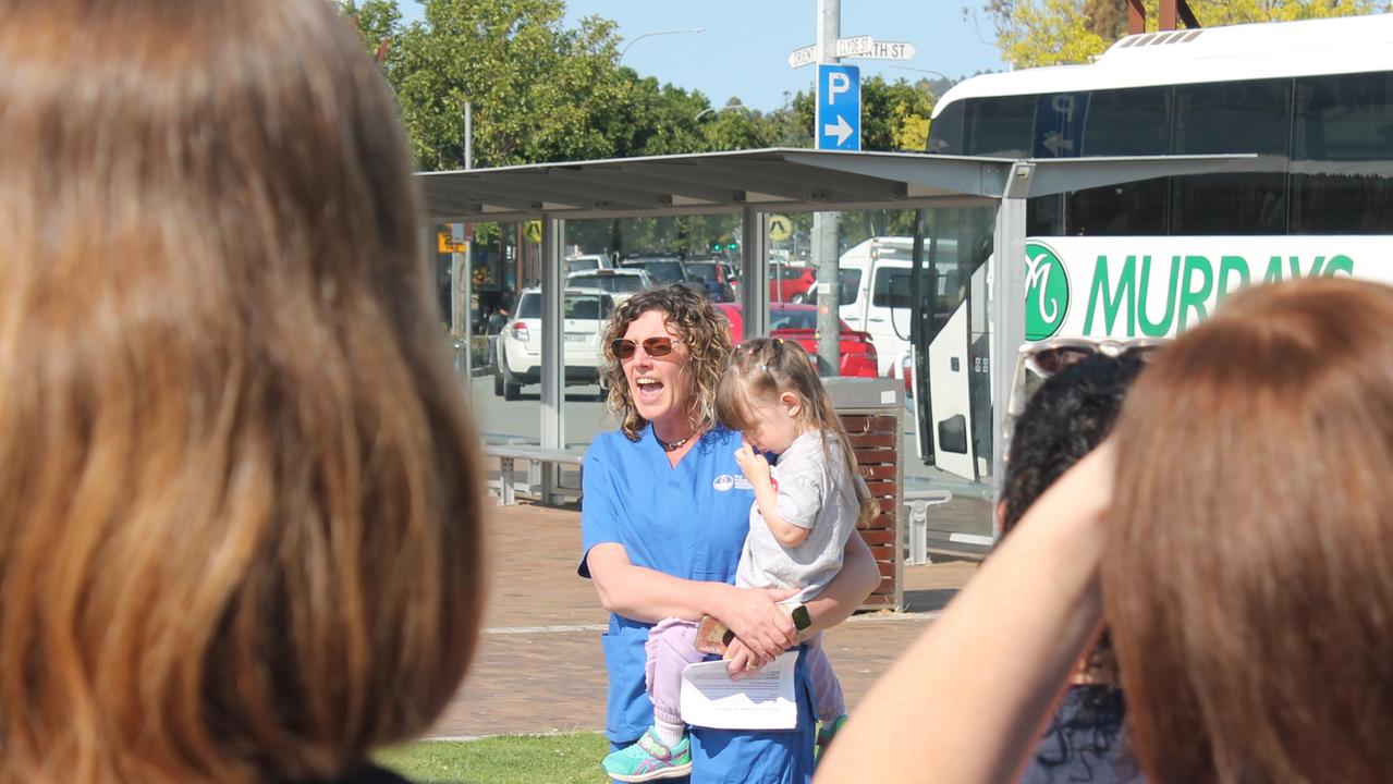 NSW Nurses and Midwives Association Eurobodalla Branch secretary, Donna Thomson, speaking to the gathered nurses. Picture: Tom McGann.