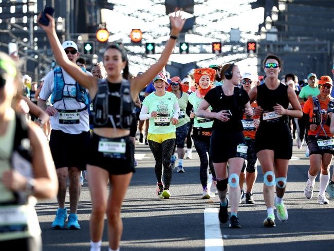 Runners of the Sydney Marathon on the Harbour Bridge. Jane Dempster/The Daily Telegraph.