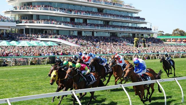 Robbie Dolan rides Knight's Choice at a sunny Flemington to win the Melbourne Cup. Picture: Getty Images