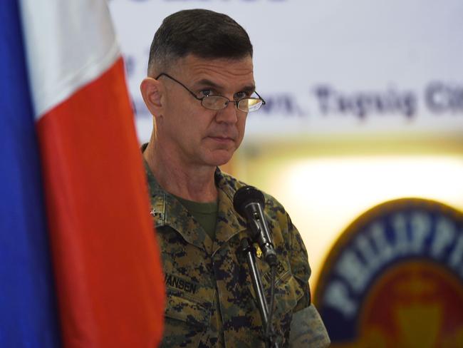 US marines Brigadier General John Jansen delivers a speech during the opening ceremony of the Amphibious Landing Exercise (PHIBLEX) at the marines headquarters in Manila. Picture: AFP