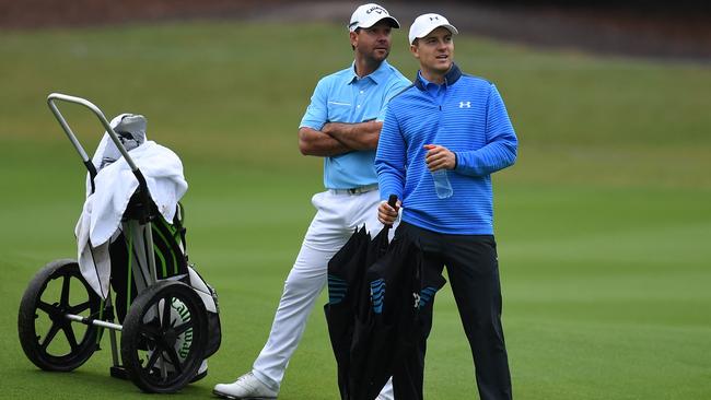 Ricky Ponting and Jordan Spieth during the Australian Open pro-am at The Australian Golf Club yesterday