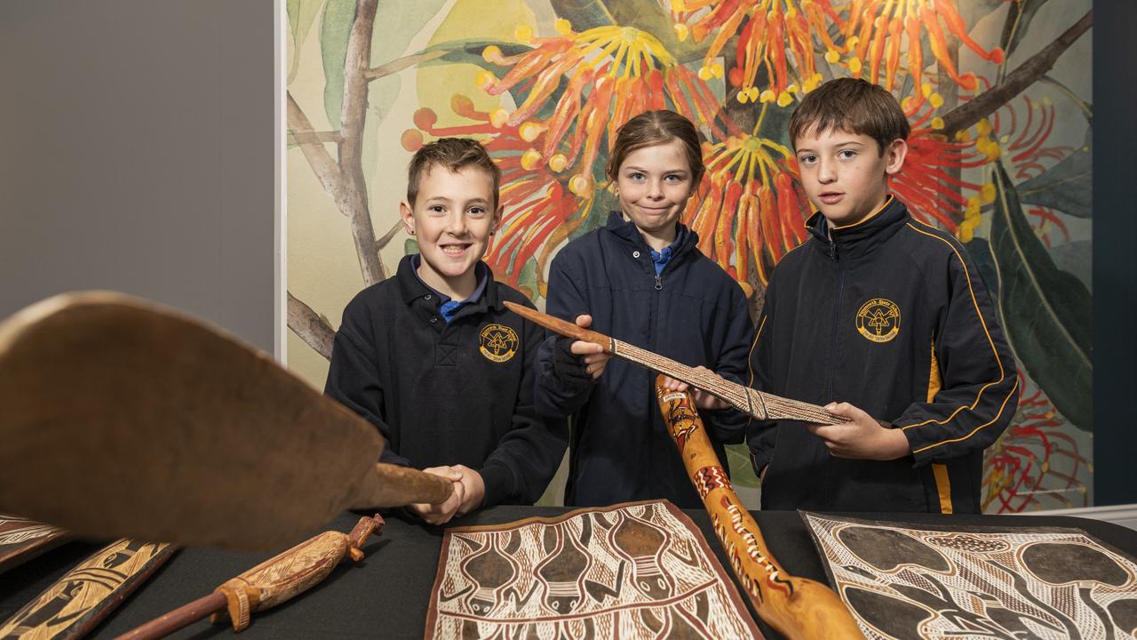 Pittsworth State School students (from left) Tayt Dunlop, Charlee Belford and Ari Harris check out traditional artefacts on show at Have Another Look Captain Cook! school program at Cobb and Co Museum, Monday, July 29, 2024. Picture: Kevin Farmer