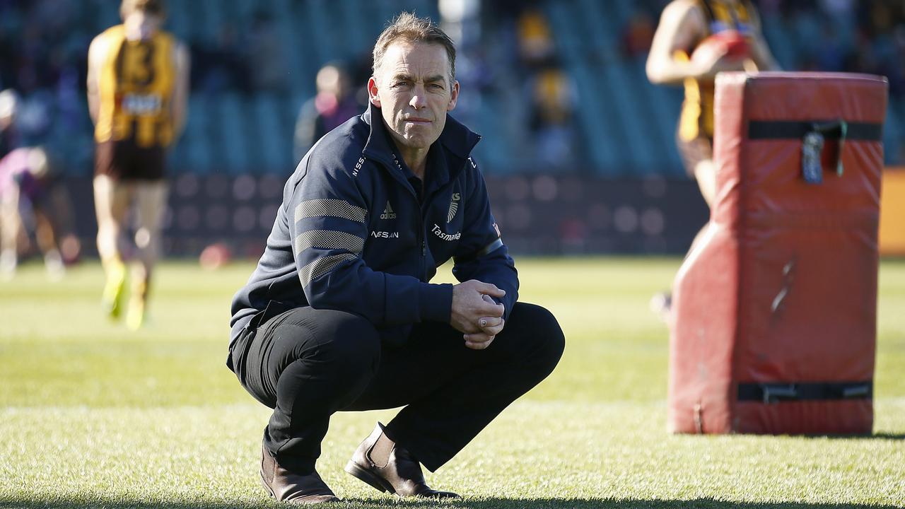 LAUNCESTON, AUSTRALIA - JULY 10: Hawks head coach Alastair Clarkson looks on before the round 17 AFL match between Hawthorn Hawks and Fremantle Dockers at University of Tasmania Stadium on July 10, 2021 in Launceston, Australia. (Photo by Daniel Pockett/AFL Photos/via Getty Images)