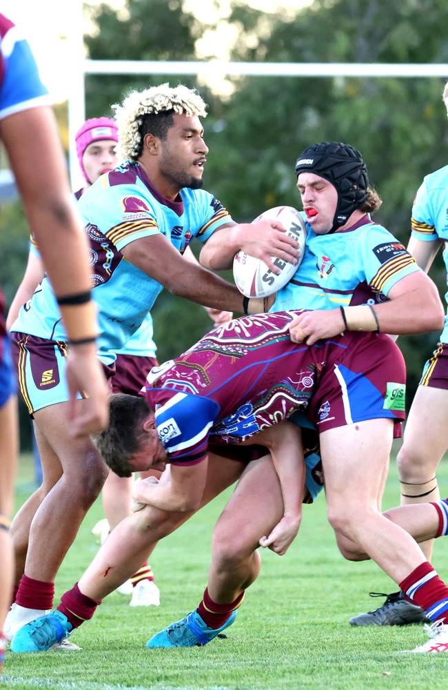 Keebra Park player No. 10 Zac Kumbamong (left) in action for Keebra Park SHS in the Langer Trophy. Photo Steve Pohlner