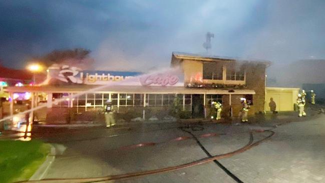 Three businesses, including two cafes and a butchers, have caught fire on Dauncey Street in Kingscote, Kangaroo Island. Picture: Supplied