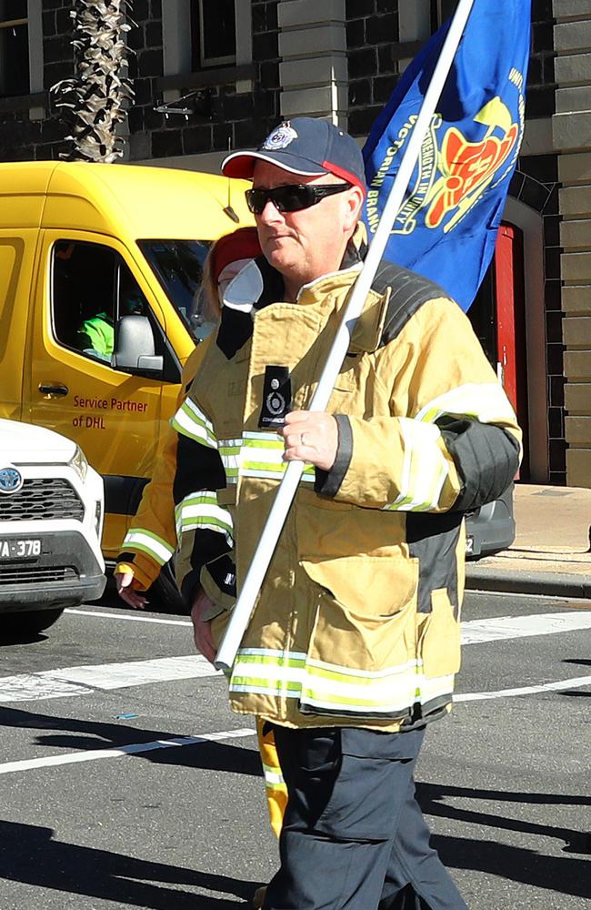Firefighter Mark Sinkinson joined CFA volunteer firefighters and their trucks on the streets of Geelong to protest the fire levy. Picture: Alison Wynd
