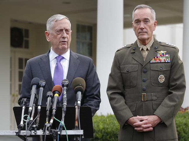 Defense Secretary Jim Mattis, left, accompanied by Joint Chiefs Chairman Gen. Joseph Dunford, right, speaks to the media about the escalating crisis in North Korea's nuclear threats. Picture: AP