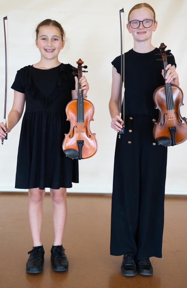 Piper Cracknell and Alice Francis won first place in the string duet (10 years and under) at the Gympie Eisteddfod. August 1, 2023. Picture: Christine Schindler