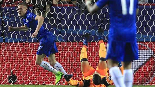 Leicester's Jamie Vardy celebrates after he scored against Sevilla.