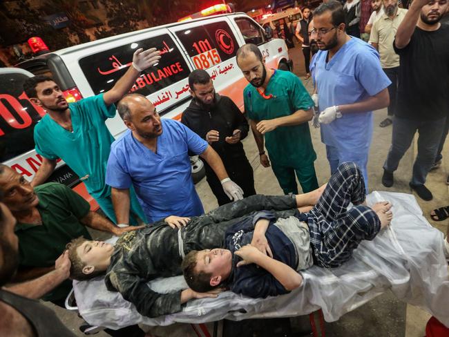 Palestinians injured in Israeli air raids arrive at Nasser Medical Hospital in Khan Yunis, Gaza. Picture: Getty Images