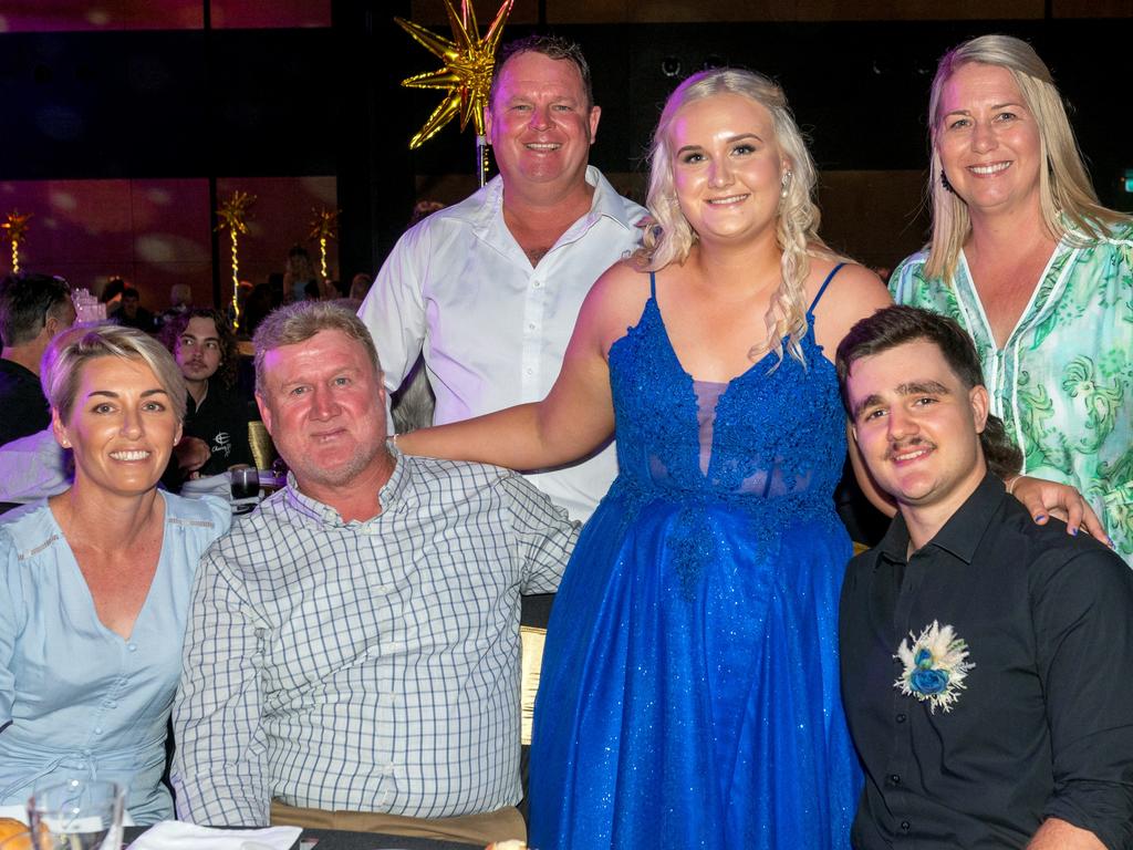 Bianca Riggs, Darren Riggs, Brad Moohin, Ella Riggs, Jack Galea and Tracy Moohin at Mackay Christian College Formal Thursday 14 November 2024 Picture: Michaela Harlow