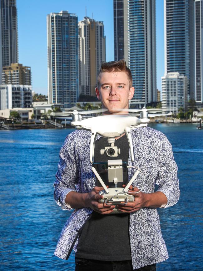 Drone pilot Jordan Murdock, 20, of the Gold Coast, is one of Queensland’s 395 certified drone pilots. Picture: Nigel Hallett