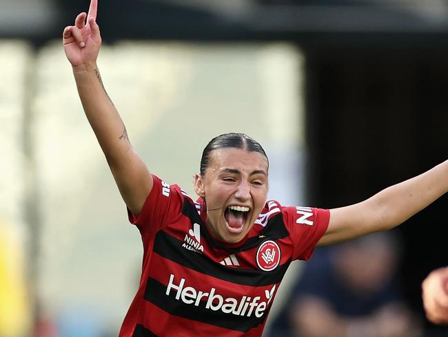 SYDNEY, AUSTRALIA - DECEMBER 14: Sienna Saveska of the Wanderers celebrates scoring a goal during the round six A-League Women's match between Western Sydney Wanderers and Western United at CommBank Stadium, on December 14, 2024, in Sydney, Australia. (Photo by Cameron Spencer/Getty Images)