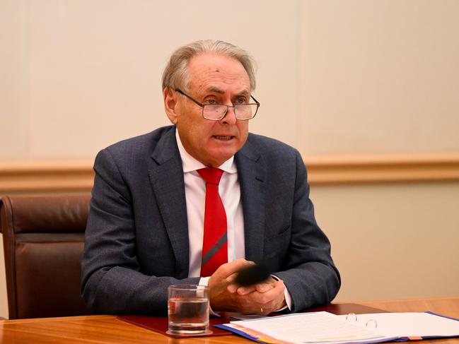 Trade Minister Don Farrell speaks to China’s Minister of Commerce Wang Wentao during a meeting via teleconference at Parliament House in Canberra. Picture: NCA NewsWire / POOL / Lukas Coch