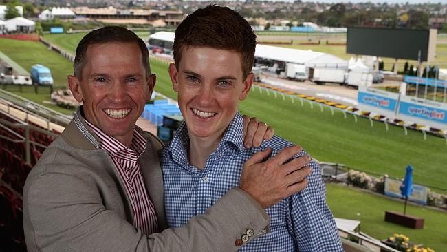 Jockey Glyn Schofield with his Cox Plate-winning son Chad. Picture: Mark Dadswell