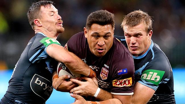 Josh Papalii of the Maroons is tackled by Damien Cook (left) and Jake Trbojevic of the Blues during Game 2 of the 2019 State of Origin series between the Queensland Maroons and the New South Wales Blues at Optus Stadium in Perth, Sunday, June 23, 2019. (AAP Image/Richard Wainwright) NO ARCHIVING, EDITORIAL USE ONLY