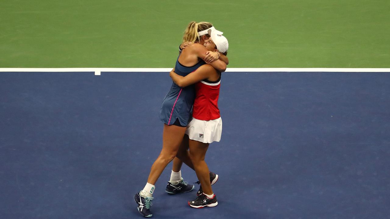 Barty and CoCo Vandeweghe of the United States celebrate match point after defeating Tímea Babos and Kristina Mladenovic 3–6, 7–6(7–2), 7–6(8–6) to win the women’s doubles tennis title at the 2018 US Open. Picture: Al Bello/Getty Images/AFP.