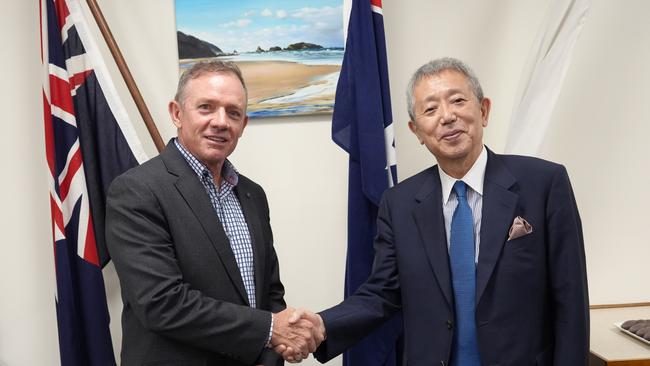 Livingstone Mayor Adam Belot with Mr Iwasaki.