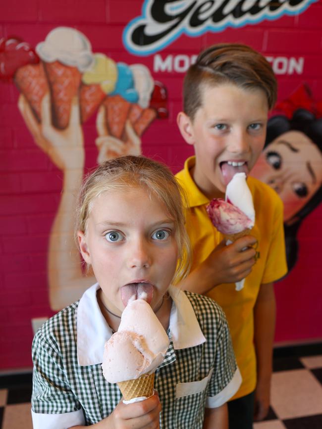 Olive (7) and Noah McCrow (10) enjoy ice creams at Tutti Fruitty. Picture: David Crosling