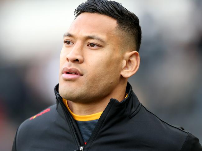 HULL, ENGLAND - MARCH 01: Israel Folau of Catalan Dragons warms up prior to  the Betfred Super League match between Hull FC and Catalan Dragons at KCOM Stadium on March 01, 2020 in Hull, England. (Photo by Nigel Roddis/Getty Images)