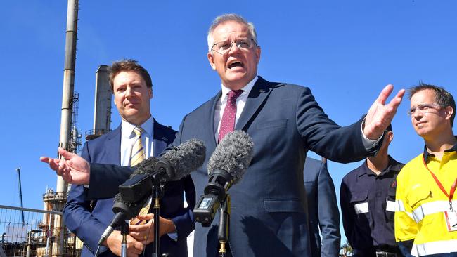 Scott Morrison at Ampol’s Lytton refinery in Brisbane, after Monday’s announcement it will stay open following a government subsidy deal. Picture: John Gass