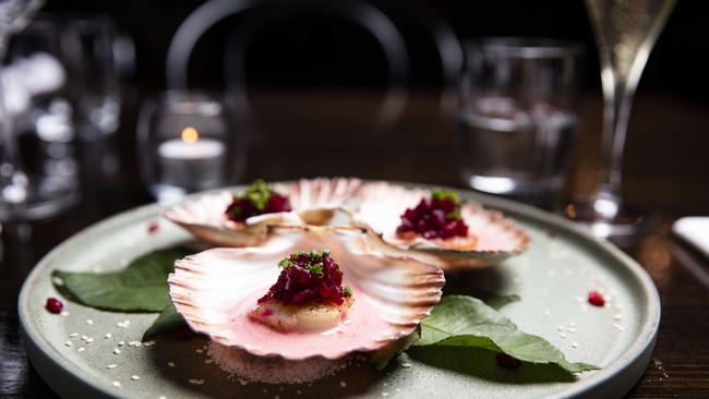 Sublime: Hervey Bay scallops with beetroot and champagne sauce.