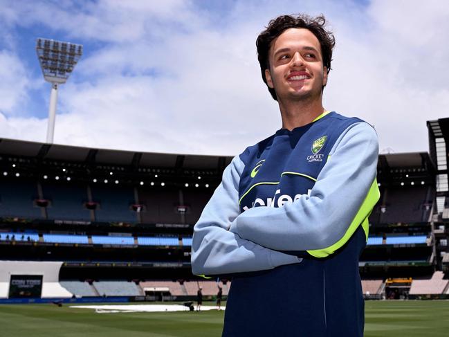 TOPSHOT - Australian cricketer Sam Konstas poses for the media at the Melbourne Cricket Ground (MCG) in Melbourne on December 23, 2024, ahead of the fourth cricket Test match between Australia and India starting December 26. (Photo by William WEST / AFP) / -- IMAGE RESTRICTED TO EDITORIAL USE - STRICTLY NO COMMERCIAL USE --