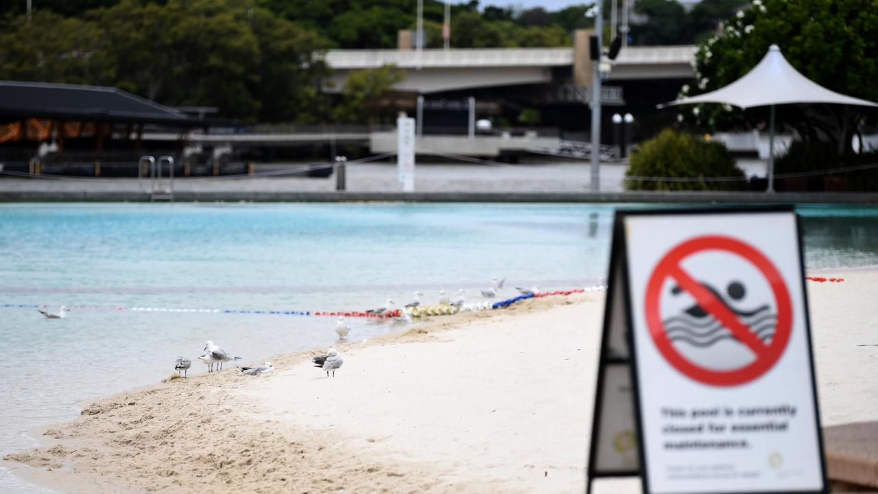 An empty Southbank beach during the second day of COVID-19 lockdown in Brisbane. Picture: NCA NewsWire / Dan Peled