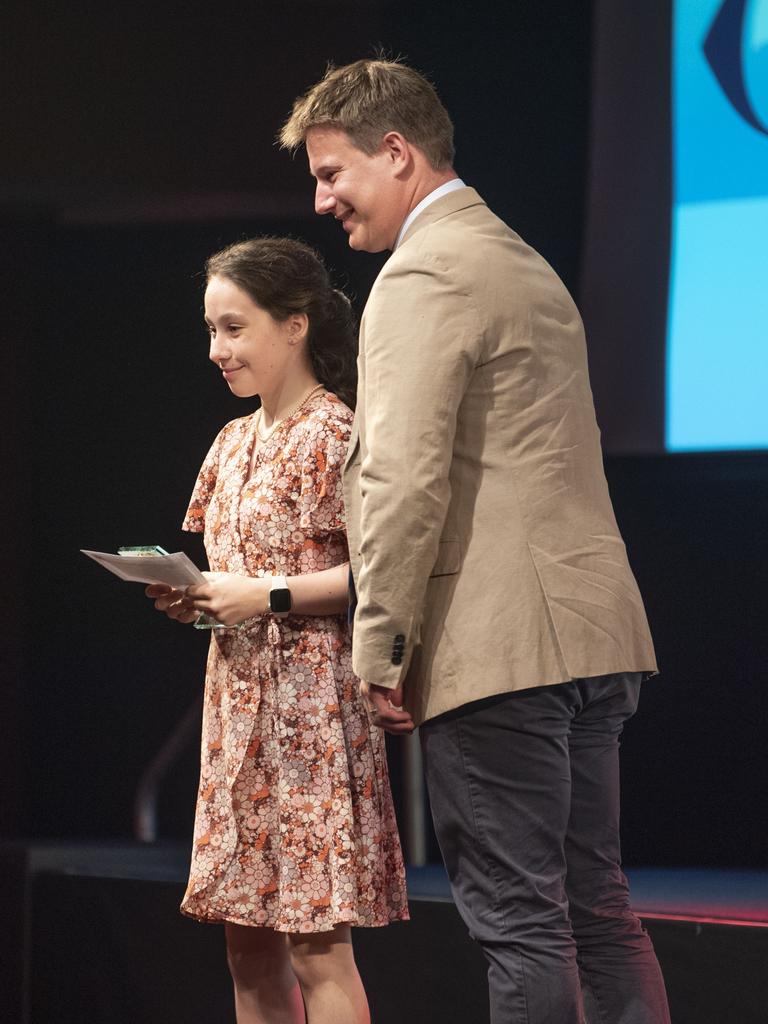 Taylah Chapman receives the Junior Para Athlete of the Year from Hugh Bradshaw, Heron Eyecare. Sports Darling Downs Sports Stars of the Year dinner. Saturday, February 11, 2023. Picture: Nev Madsen.