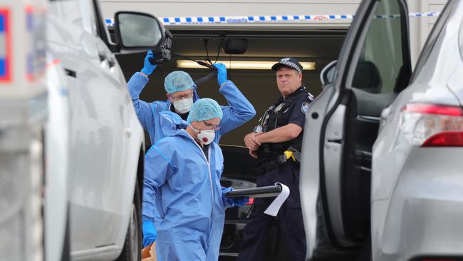 Police at the scene in Cox St Pimpama where notorious bikie Shane Bowden was gunned down in his driveway. Picture Glenn Hampson