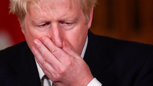 Britain's Prime Minister Boris Johnson reacts during a virtual press conference inside 10 Downing Street after announcing a new COVID-19 alert system. Picture: Toby Melville/AFP