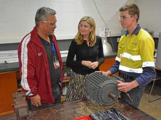 JOBS FOCUS: TAFE Queensland East Coast electrical teacher Merv King with Ms Fentiman and TAFE student Connor Boon during the minister's visit to Bundaberg in June. Picture: Chris Burns