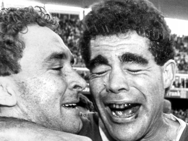 Ricky Stuart (L) hugs captain Mal Meninga after Canberra defeated Balmain in 1989 Winfield Cup Grand Final at the SFS in Sydney, 24/09/1989. Pic Anthony Weate. Picture: Supplied
