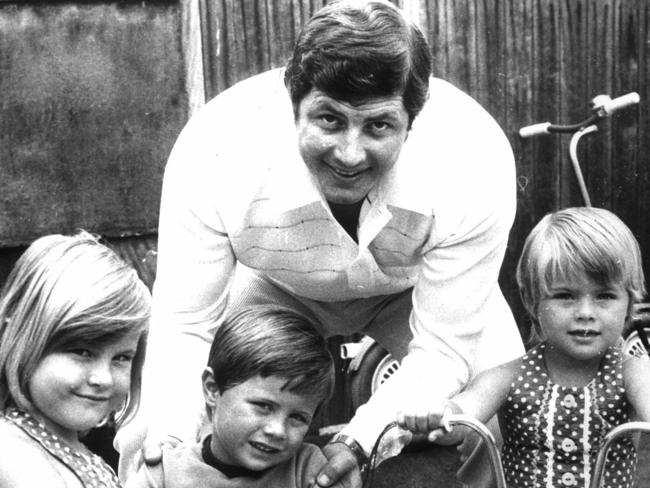 State Labor MP & former Souths player Michael Cleary with children Kylie (6), Michael (4) & Shannon (3) at their Sydney home in 1974. Picture: News Limited