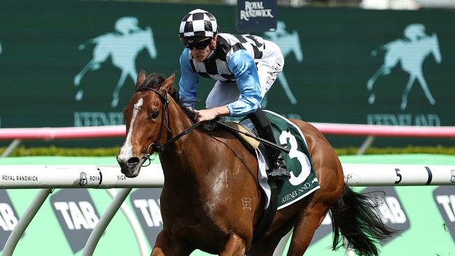 SYDNEY, AUSTRALIA - OCTOBER 05: Chad Schofield riding Bel Merci wins Race 3 Keeneland Gimcrack Stakes during Sydney Racing at Royal Randwick Racecourse on October 05, 2024 in Sydney, Australia. (Photo by Jeremy Ng/Getty Images)