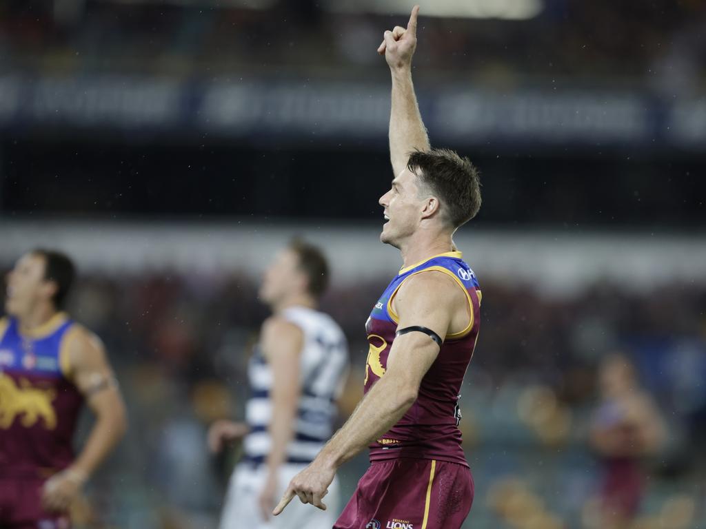 BRISBANE, AUSTRALIA - APRIL 20: Lincoln McCarthy of the Lions celebrates a goal during the 2024 AFL Round 06 match between the Brisbane Lions and the Geelong Cats at The Gabba on April 20, 2024 in BRISBANE, Australia. (Photo by Russell Freeman/AFL Photos via Getty Images)