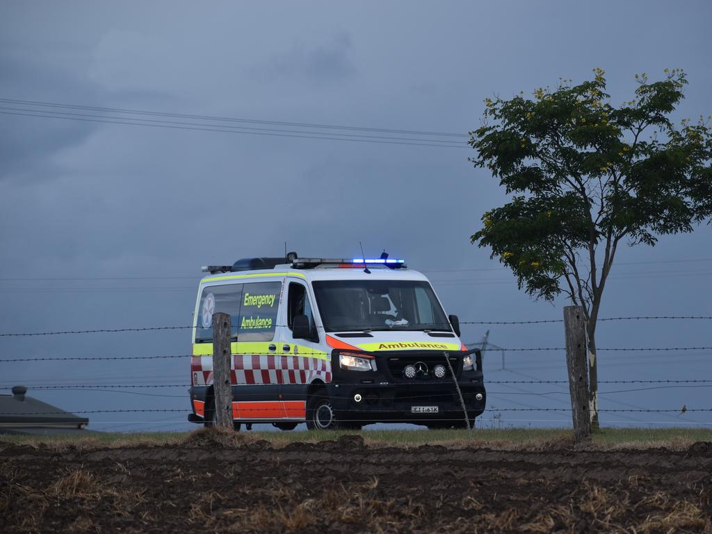 A man who suffered serious injuries after the red sedan Mitsubishi Lancer sedan he was driving crashed into a power pole on Rogans Bridge Rd north of Waterview Heights was transported by road ambulance to the Westpac Rescue Helicopter located in a nearby paddock on Thursday, 18th February, 2021. Photo Bill North / The Daily Examiner